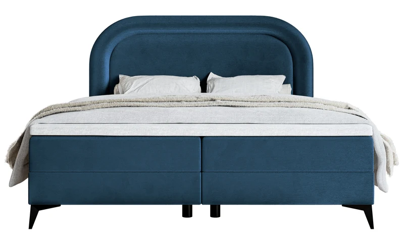 Kontinentales Bett 180x200 cm Loreo mit Topper und Stauraum, marineblauer Velours mit wasserabweisender Beschichtung