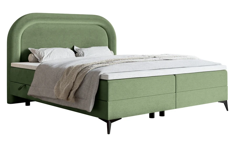 Kontinentales Bett 180x200 cm Loreo mit Topper und Stauraum, eukalyptusfarbener Velours, wasserabweisend