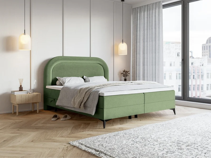 Kontinentales Bett 180x200 cm Loreo mit Topper und Stauraum, eukalyptusfarbener Velours, wasserabweisend