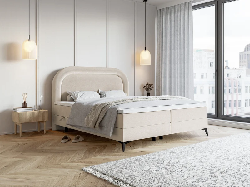 Kontinentalbett 180x200 cm Loreo mit Topper und Stauraum, grau-beiges Velours, wasserabweisend