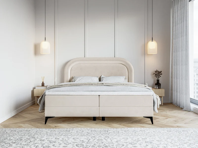 Kontinentalbett 180x200 cm Loreo mit Topper und Stauraum, grau-beiges Velours, wasserabweisend