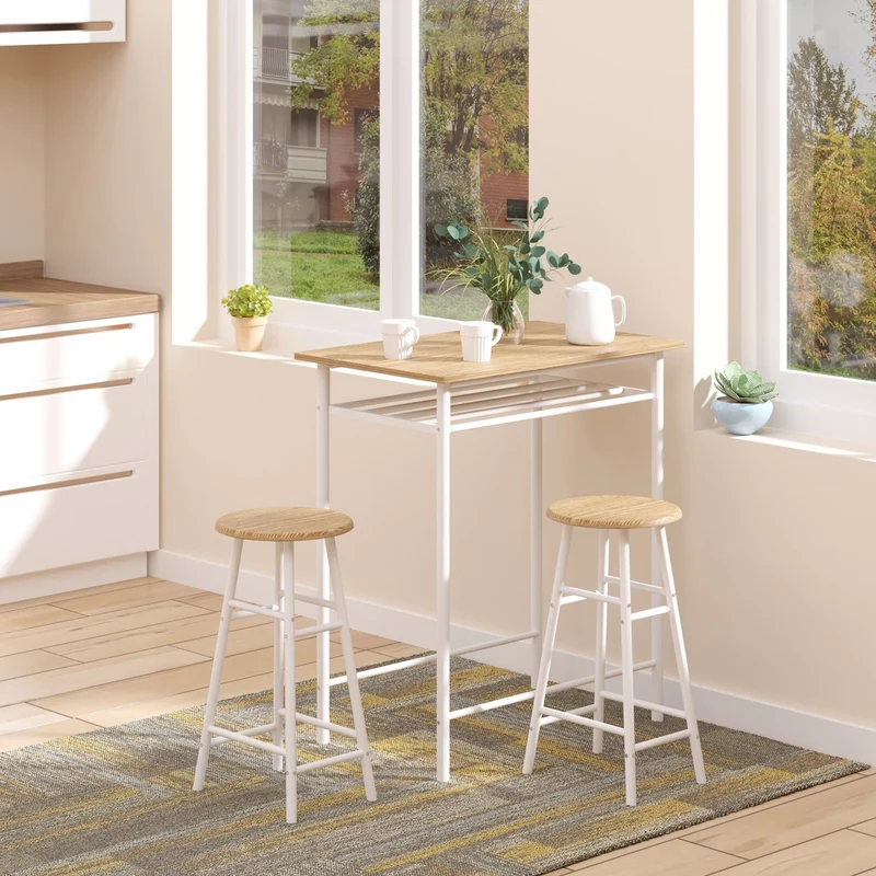 HOMCOM – 3-teiliges Bartisch-Set mit 2 Hockern und Ablage, MDF und Stahl, Weiß/Eiche