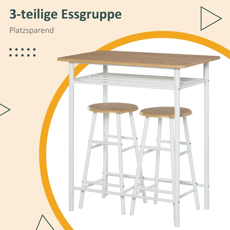 HOMCOM – 3-teiliges Bartisch-Set mit 2 Hockern und Ablage, MDF und Stahl, Weiß/Eiche
