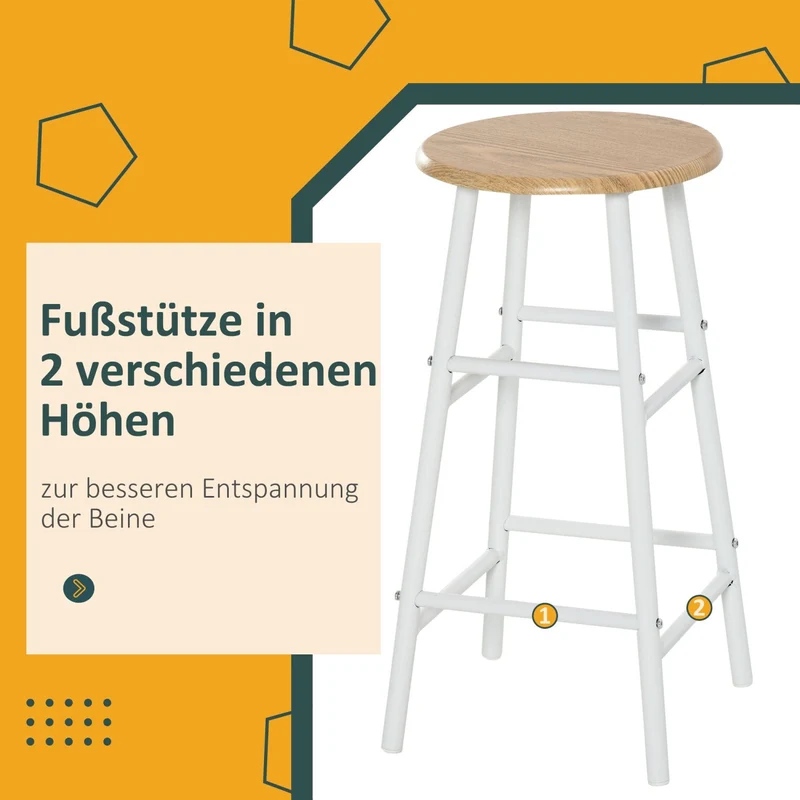 HOMCOM – 3-teiliges Bartisch-Set mit 2 Hockern und Ablage, MDF und Stahl, Weiß/Eiche