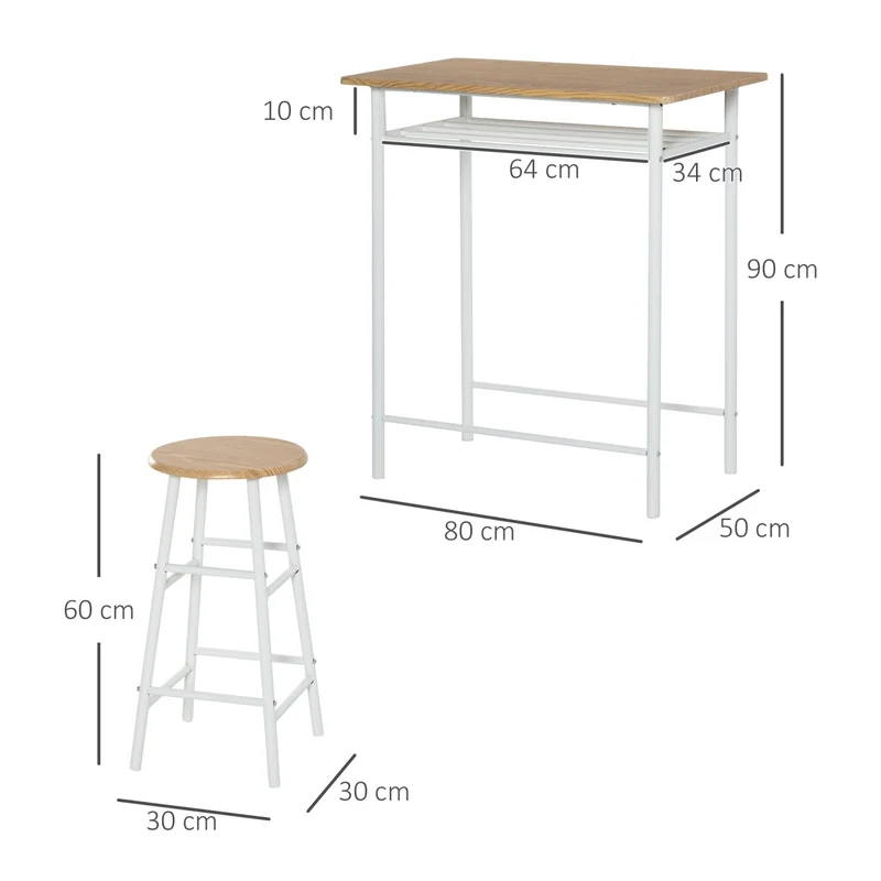 HOMCOM – 3-teiliges Bartisch-Set mit 2 Hockern und Ablage, MDF und Stahl, Weiß/Eiche
