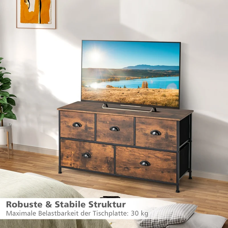 Costway - TV-Schrank, 2-stöckige Rustikale Kommode mit 5 Schubladen & Faltbaren Stoffschubladen, Braun