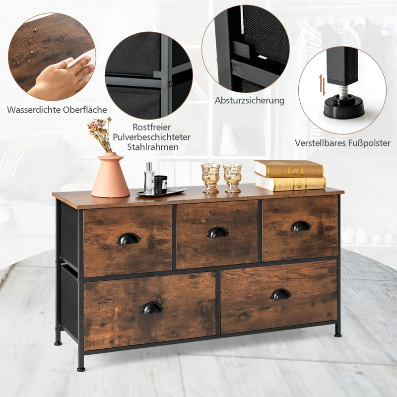 Costway - TV-Schrank, 2-stöckige Rustikale Kommode mit 5 Schubladen & Faltbaren Stoffschubladen, Braun
