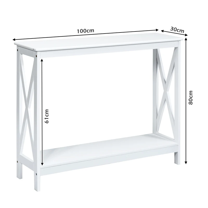 Costway - Konsolentisch, Konsolentisch Schmal, X-förmiger Schmaler Konsolentisch mit 2 Etagen, 100 x 30 x 80, cm Weiß