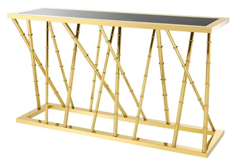 Casa Padrino Luxus Konsole Gold / Schwarz - Edler Konsolentisch aus Edelstahl und Glas - 139,5 x 40 x H. 78 cm