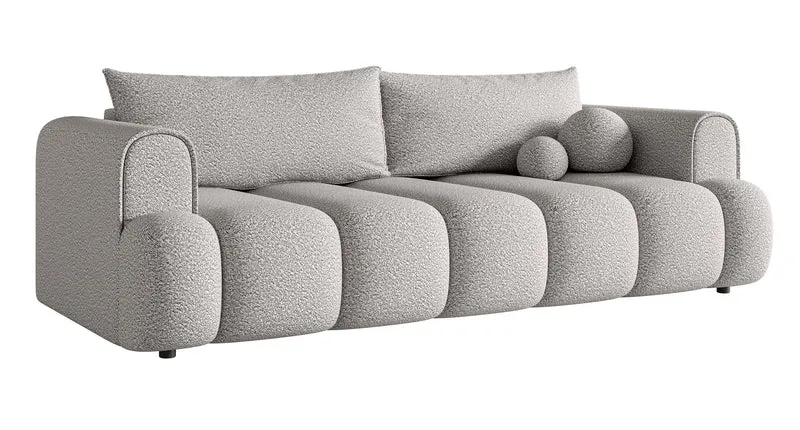 Dreisitziges Sofa Dandelino mit Schlafunktion, hellgrauer Bouclé-Stoff