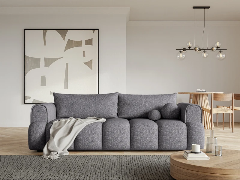Dreisitziges Sofa Dandelino mit Schlafunktion, grauer Bouclé-Stoff