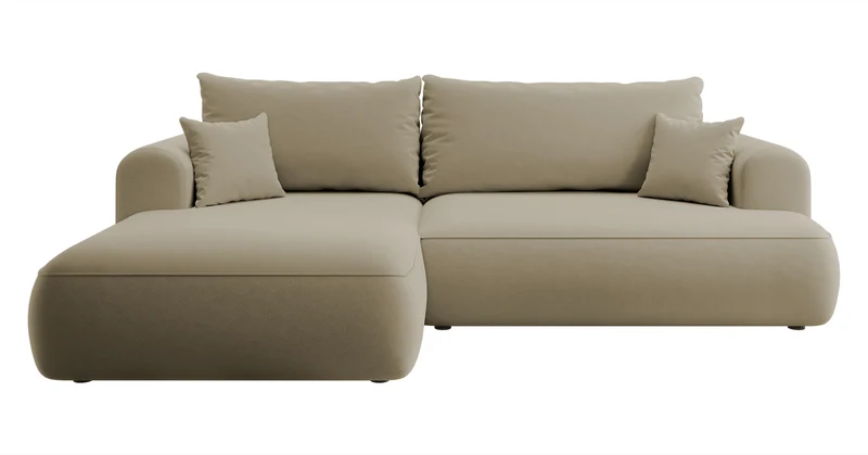 Ecksofa mit Schlafunktion Ovo, L-förmig, beige Velours mit Stauraum, aus leicht zu reinigendem Stoff, linksseitig