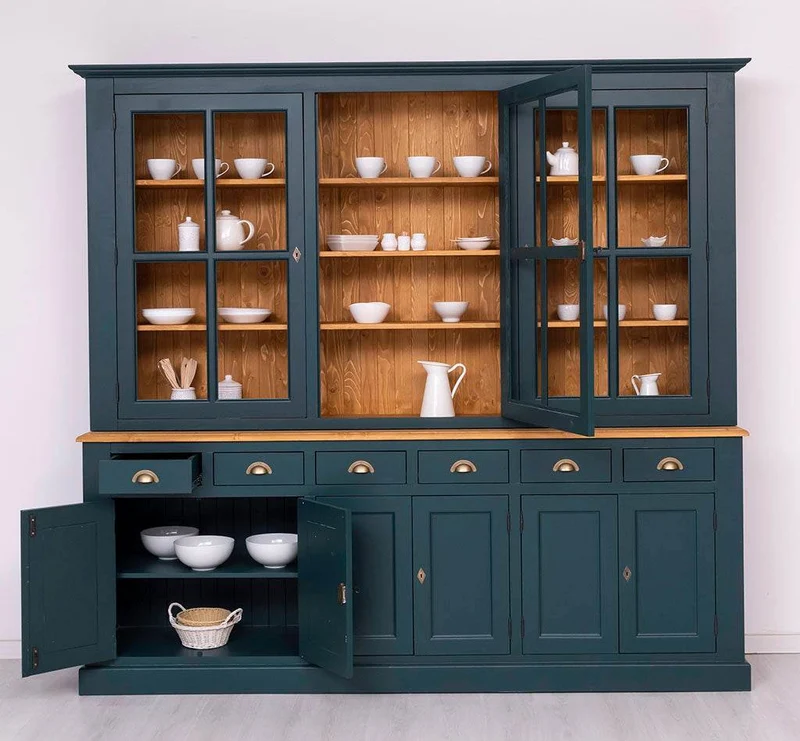Großer Geschirrschrank aus Massivholz | Vitrine | 2-teilig | 9 Türen | 6 Schubladen