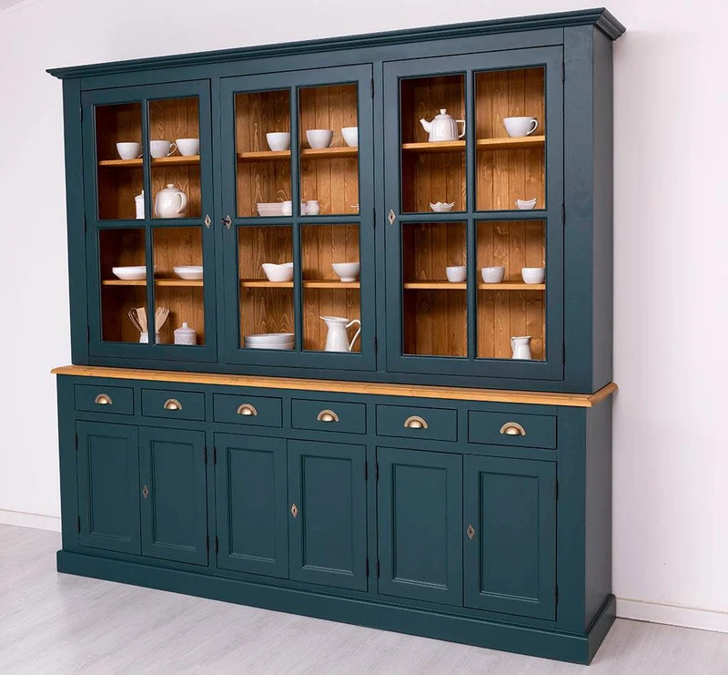 Großer Geschirrschrank aus Massivholz | Vitrine | 2-teilig | 9 Türen | 6 Schubladen