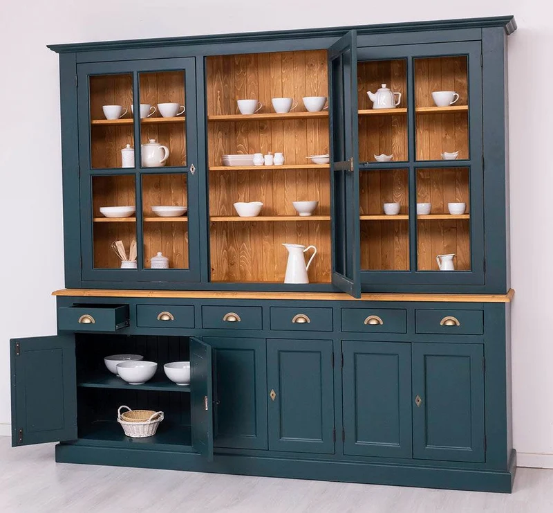 Großer Geschirrschrank aus Massivholz | Vitrine | 2-teilig | 9 Türen | 6 Schubladen
