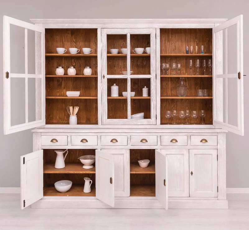 Großer Geschirrschrank aus Massivholz | Vitrine | 2-teilig | 9 Türen | 6 Schubladen