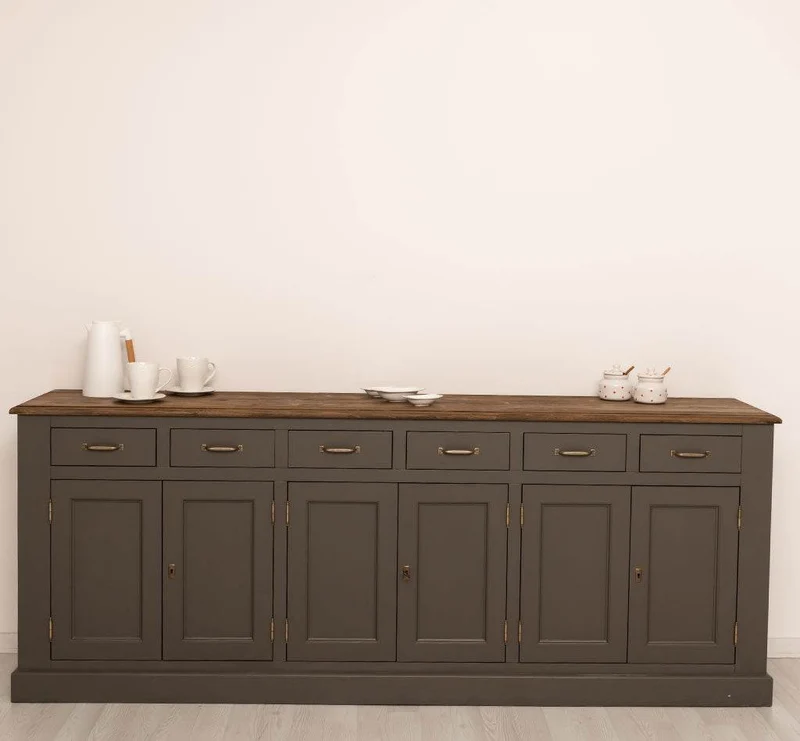 Großes Sideboard aus Massivholz mit sechs Schubladen und Türen