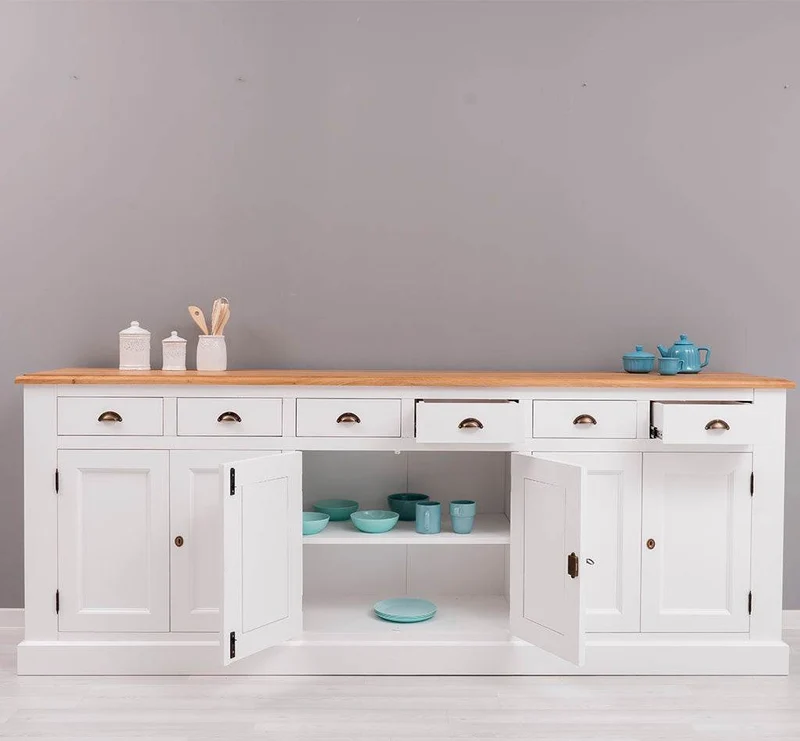 Großes Sideboard aus Massivholz mit sechs Schubladen und Türen