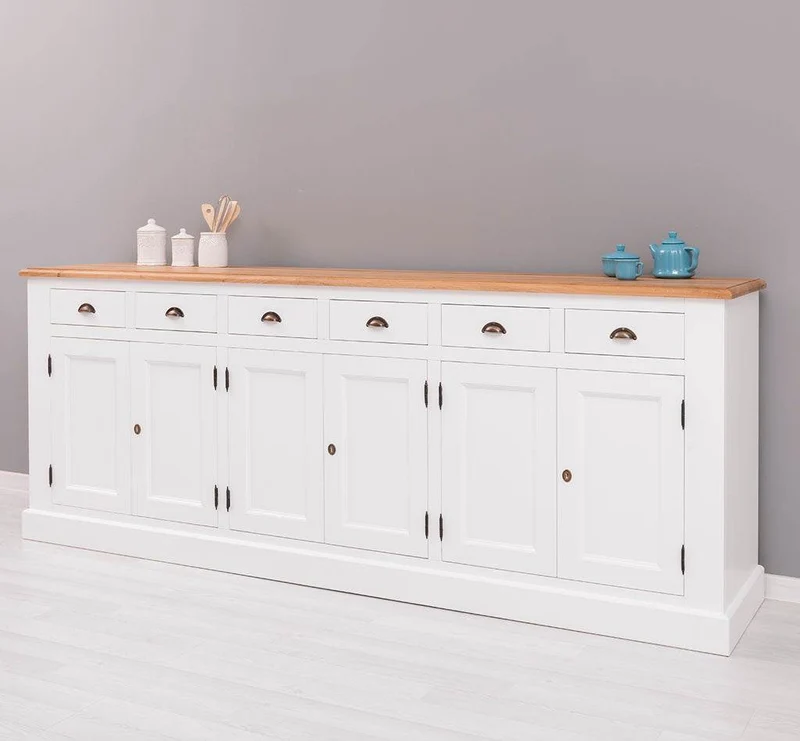 Großes Sideboard aus Massivholz mit sechs Schubladen und Türen