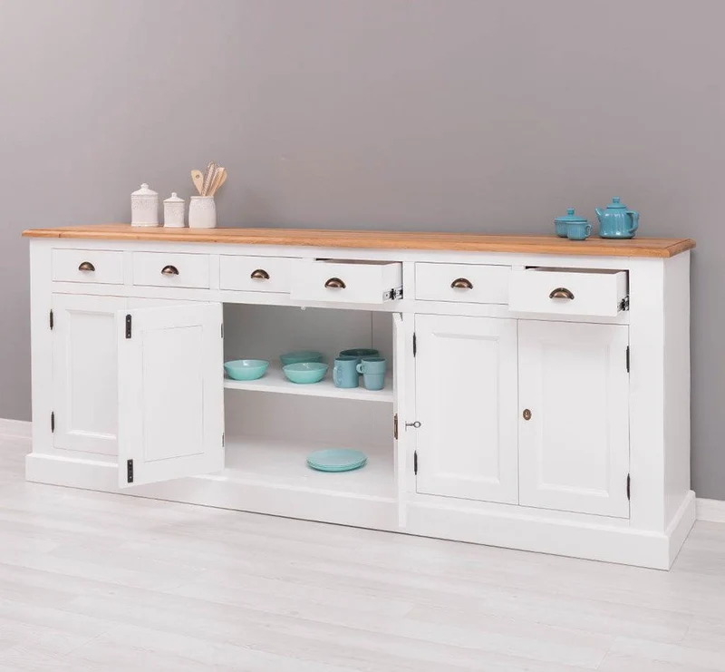 Großes Sideboard aus Massivholz mit sechs Schubladen und Türen