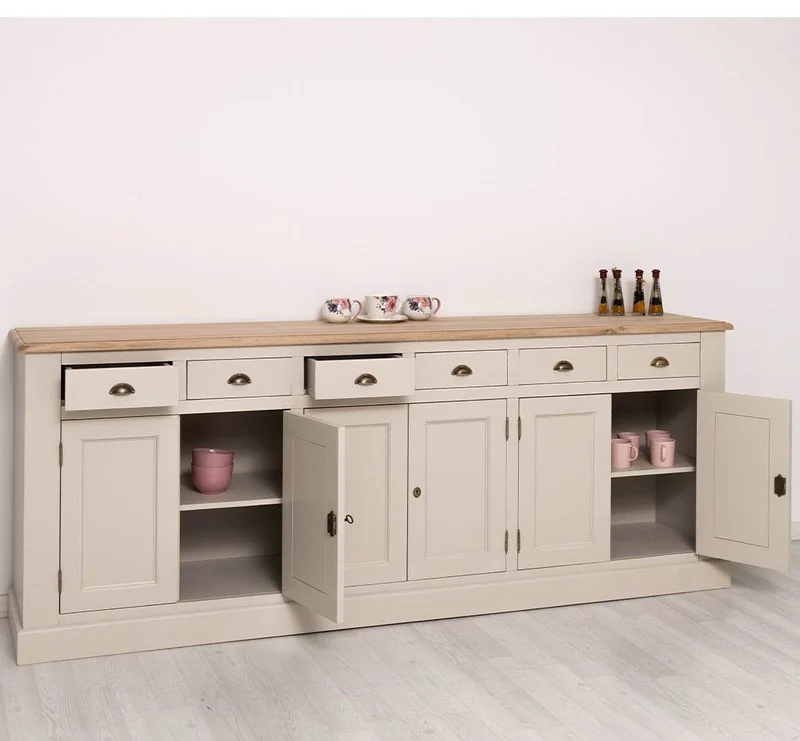 Großes Sideboard aus Massivholz mit sechs Schubladen und Türen