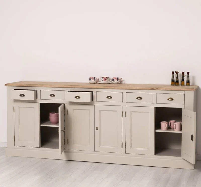 Großes Sideboard aus Massivholz mit sechs Schubladen und Türen