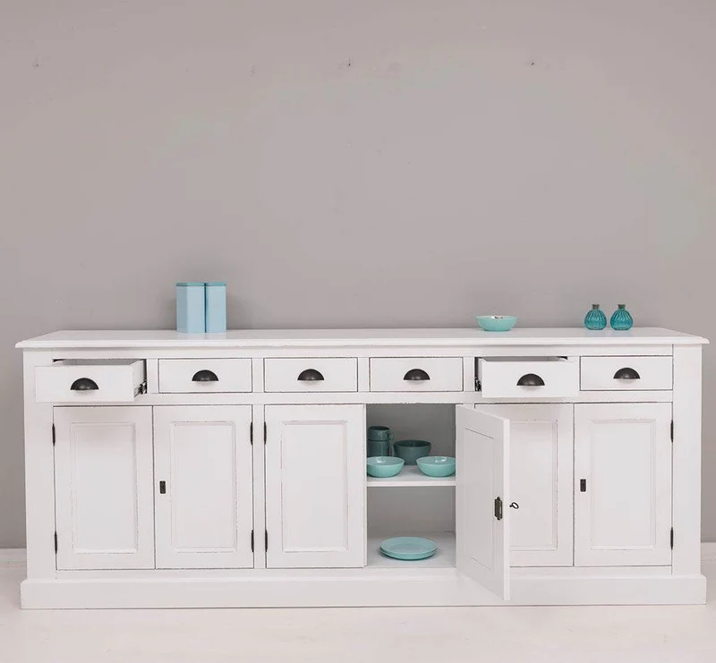 Großes Sideboard aus Massivholz mit sechs Schubladen und Türen