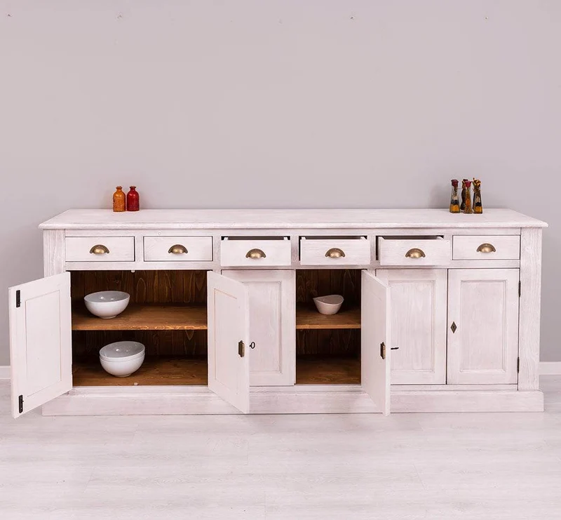 Großes Sideboard aus Massivholz mit sechs Schubladen und Türen