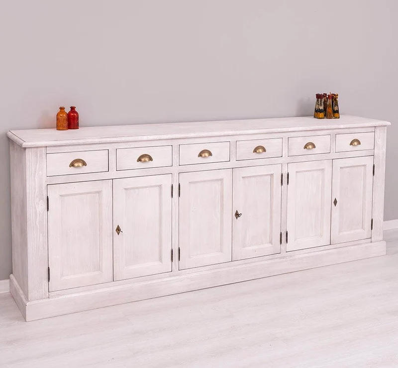 Großes Sideboard aus Massivholz mit sechs Schubladen und Türen