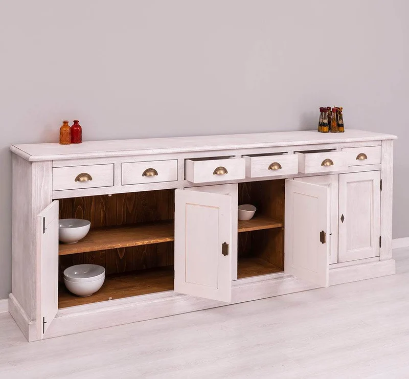 Großes Sideboard aus Massivholz mit sechs Schubladen und Türen