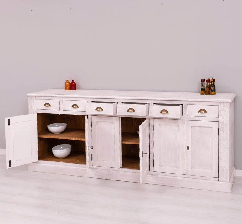 Großes Sideboard aus Massivholz mit sechs Schubladen und Türen