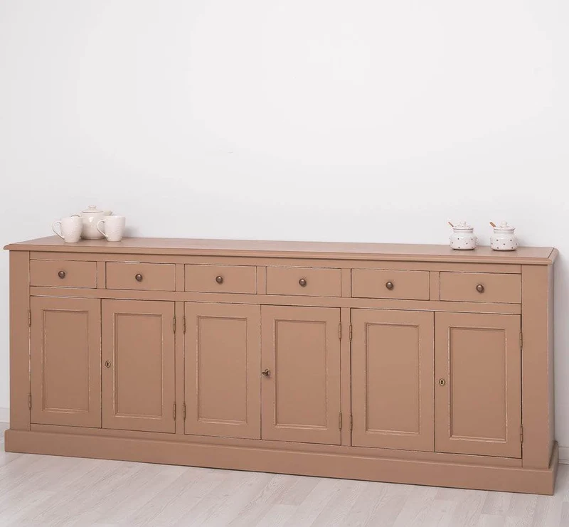 Großes Sideboard aus Massivholz mit sechs Schubladen und Türen