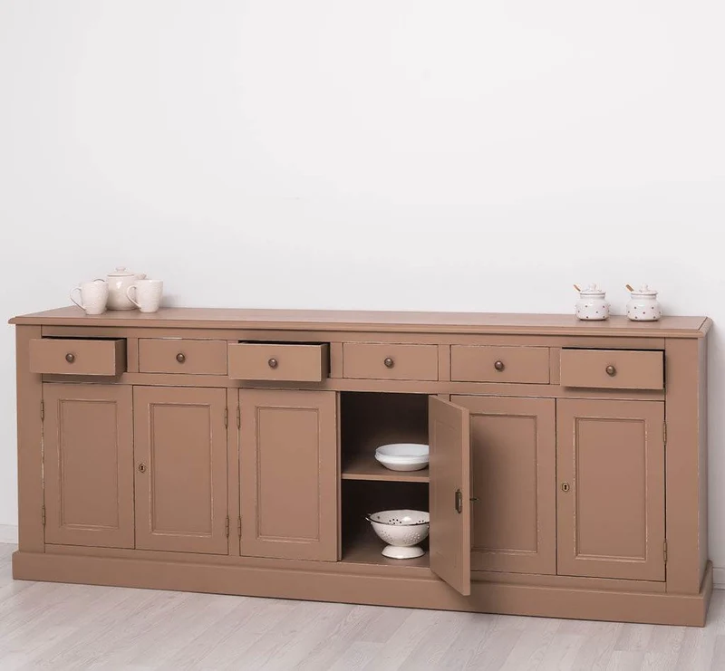 Großes Sideboard aus Massivholz mit sechs Schubladen und Türen