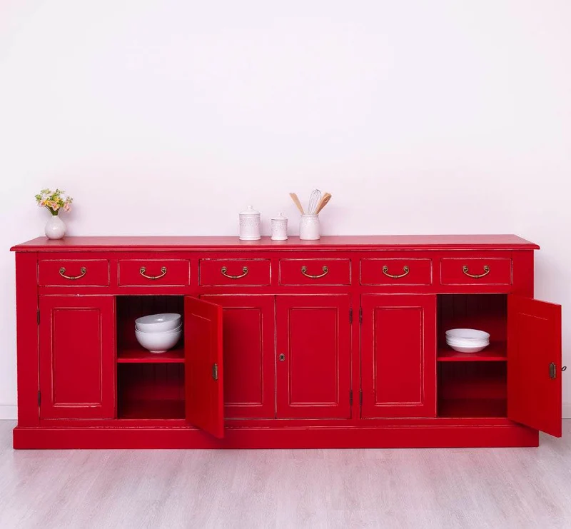 Großes Sideboard aus Massivholz mit sechs Schubladen und Türen