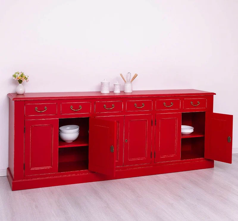 Großes Sideboard aus Massivholz mit sechs Schubladen und Türen