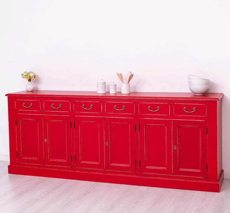 Großes Sideboard aus Massivholz mit sechs Schubladen und Türen