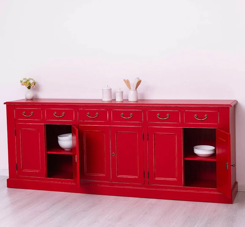 Großes Sideboard aus Massivholz mit sechs Schubladen und Türen