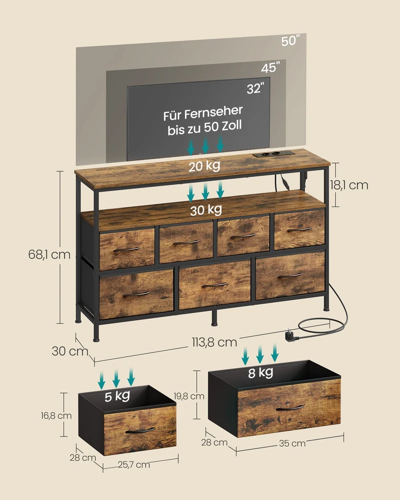 Sideboard Mit 7 Schubladen Und Offenem Fach - Industrieller Stil - Für Schlafzimmer Und Wohnzimmer
