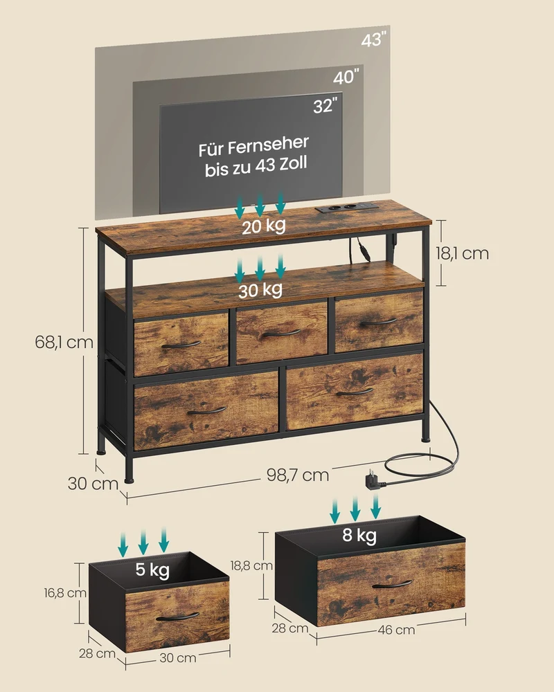Sideboard Mit 5 Schubladen Und Offenem Fach - Industrieller Stil - Für Schlafzimmer Und Wohnzimmer