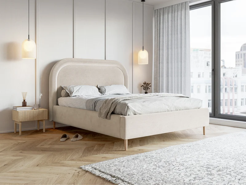 Gepolstertes Bett 140x200 cm Loreo mit Stauraum, grau-beiges Velours, wasserabweisend