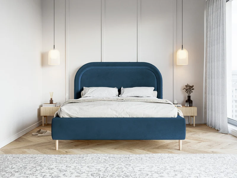 Polsterbett 160x200 cm Loreo mit Stauraum, marineblauer Veloursstoff, wasserabweisend