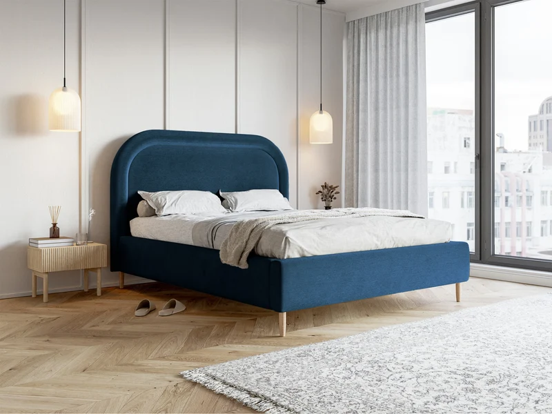 Polsterbett 180x200 cm Loreo mit Stauraum, marineblauer hydrophober Samt