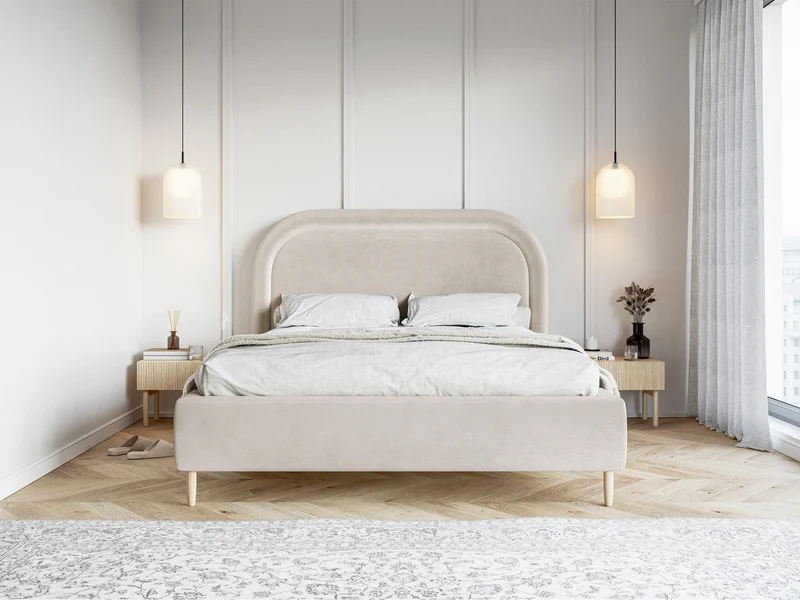Polsterbett 180x200 cm Loreo mit Stauraum, grau-beiger wasserabweisender Samt