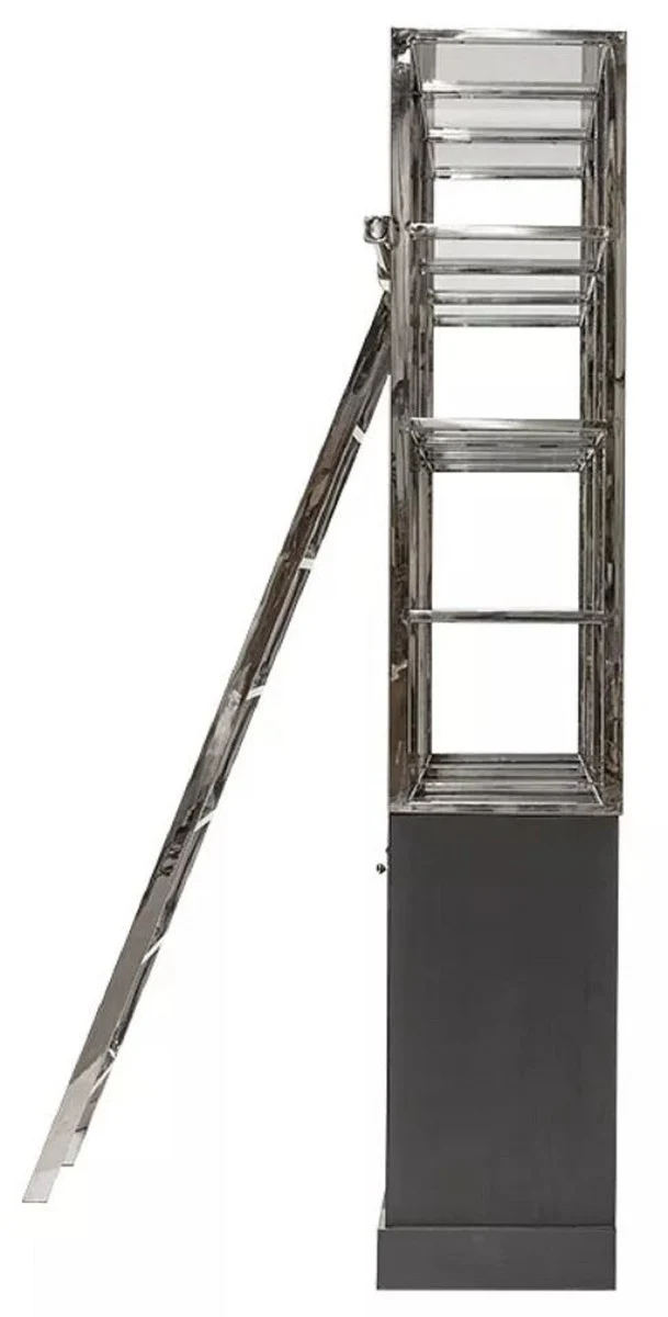 Casa Padrino Regalschrank mit Leiter Schwarz / Silber 219 x 43 x H. 240 cm - Bücherschrank - Wohnzimmer Schrank - Büro Schrank - Wohnzimmer Möbel - Büro Möbel - Luxus Möbel