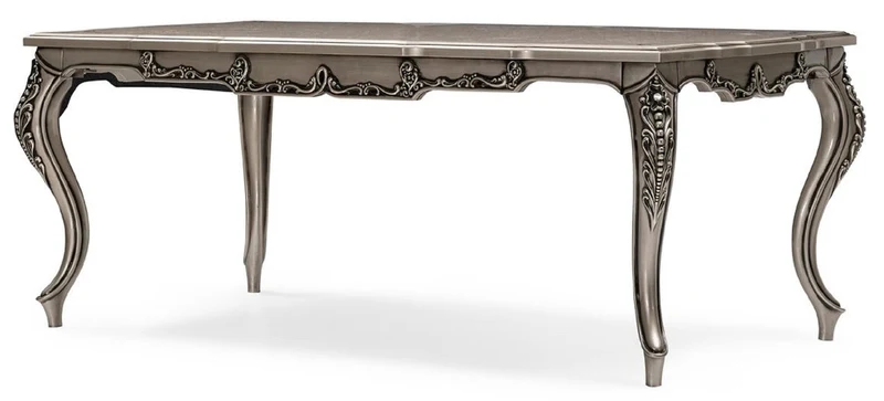 Casa Padrino Luxus Barock Esszimmer Set Grau / Silber - 1 Barock Esstisch & 6 Barock Esszimmerstühle - Luxus Esszimmer Möbel im Barockstil - Prunkvolle Barock Esszimmer Möbel