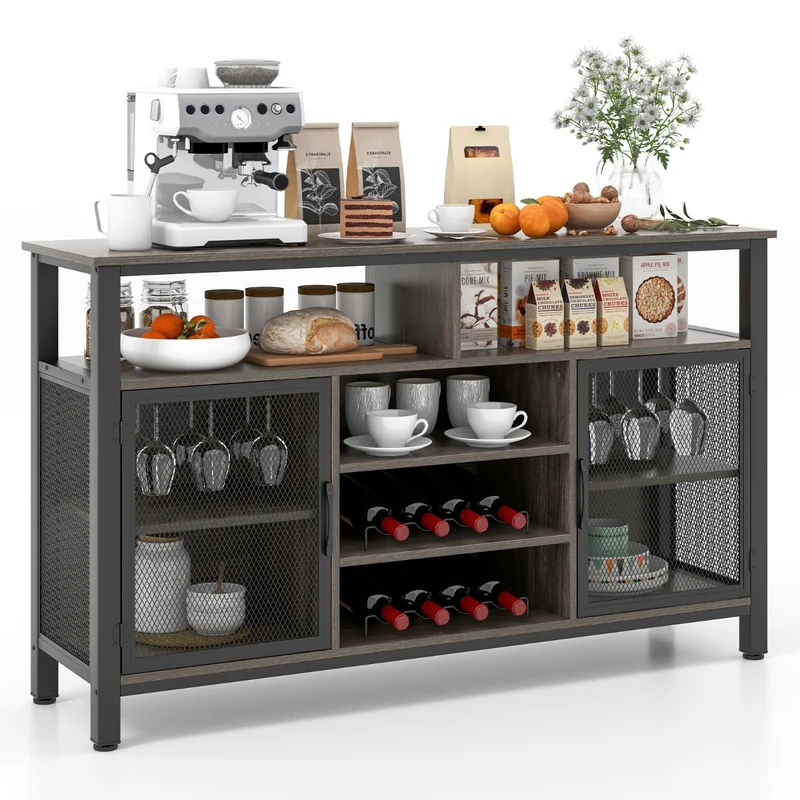 Costway - Sideboard, mit 2 Metallgittertüren, Weinregal, Flaschenregal, Offenen Fächern, Weinregalen, Weinglashaltern, Grau