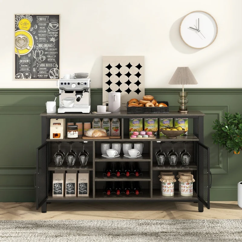 Costway - Sideboard, mit 2 Metallgittertüren, Weinregal, Flaschenregal, Offenen Fächern, Weinregalen, Weinglashaltern, Grau