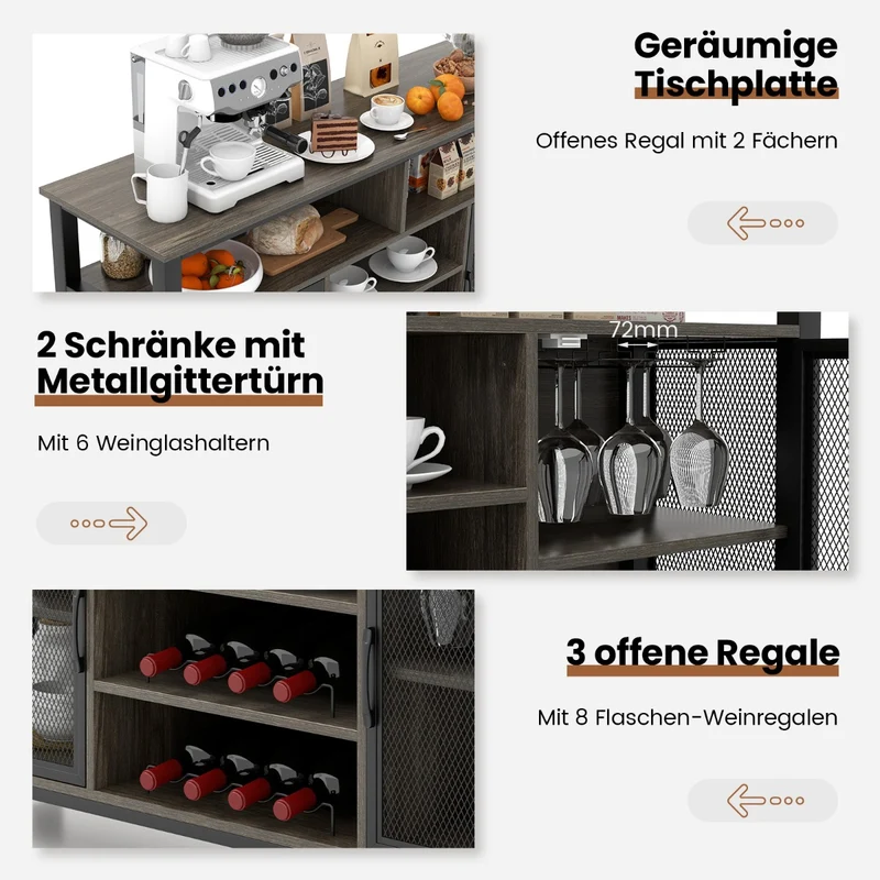 Costway - Sideboard, mit 2 Metallgittertüren, Weinregal, Flaschenregal, Offenen Fächern, Weinregalen, Weinglashaltern, Grau