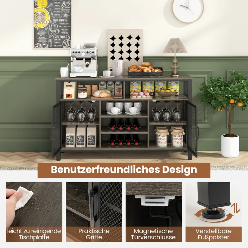 Costway - Sideboard, mit 2 Metallgittertüren, Weinregal, Flaschenregal, Offenen Fächern, Weinregalen, Weinglashaltern, Grau
