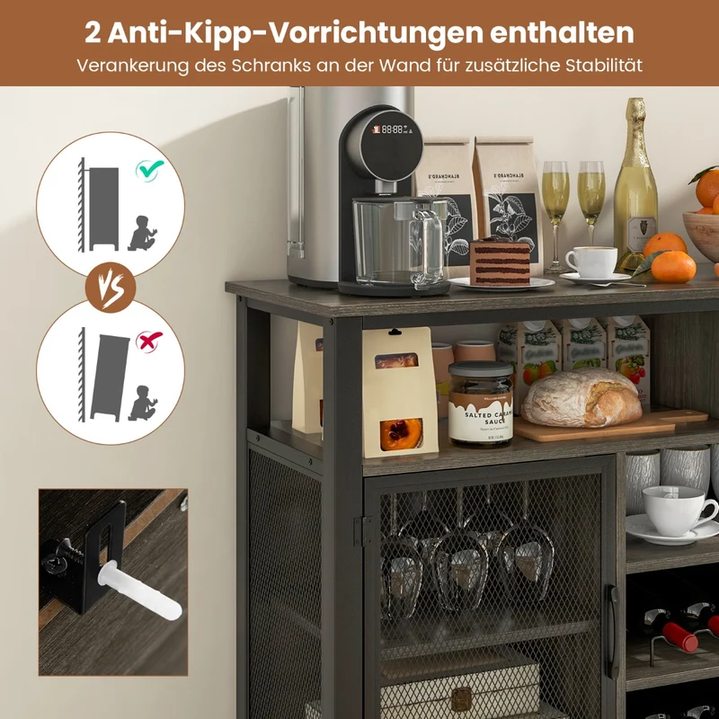 Costway - Sideboard, mit 2 Metallgittertüren, Weinregal, Flaschenregal, Offenen Fächern, Weinregalen, Weinglashaltern, Grau